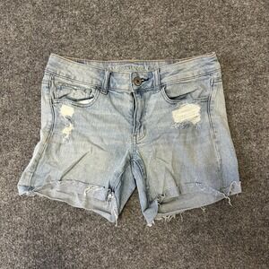 American Eagle Shorts Womens Size 6 Blue Distressed Midi Stretch Raw Hem Denim